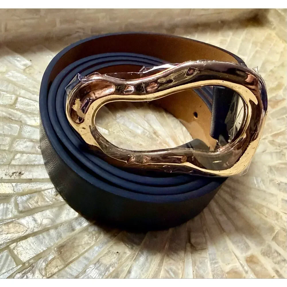 Aideeblue Women’s Black Faux Leather Belt Gold Buckle Large 35-39” NWT